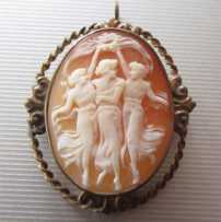 High quality hand carved shell “3 Graces Classic” from 1920 - 1930th. Marked 12K Gold Filled Carnelian Shell Cameo Brooch/Pendant