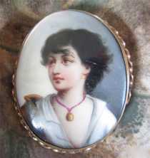 Victorian circa 1880 hand painting portrait of young Gypsy. Porcelain in Gold or Gold Filled Brooch