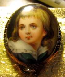 Victorian hand painting portrait of boy on porcelain. Gold or Gold Filled