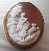 Woman with goat near vase on the column, craftily Sardonyx shell. in the Gold or Gold Filled Brooch Circa 1875