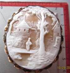 Huge Museum Quality Landscape with woman on the bridge. Sardonyx shell in the Gold or Gold Filled Brooch Circa 1885