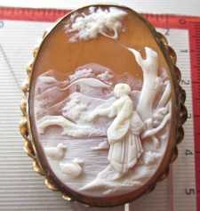 Superior detailed landscape woman at the river with ducks. Big Gold or GF Brooch. Circa 1880. Signed by Artist