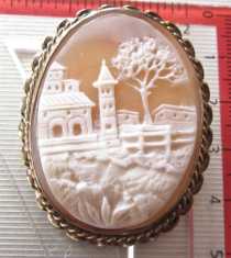 High Quality Vintage Shell Italian Landscape with church Gold or Gold Plated twisted double rope Brooch Cameo