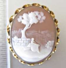 Landscape with sitting woman at the wall & trees. Sardonyx shell Gold or GF “twisted rope” Brooch. Circa 1880. Signed