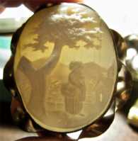 Victorian light shell country landscape women at the tree. Gold filled “twisted rope” Brooch circa 1870.