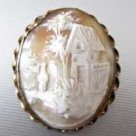 Victorian shell landscape women at the lake, house & tree. Gold filled “twisted rope” Brooch circa 1885.