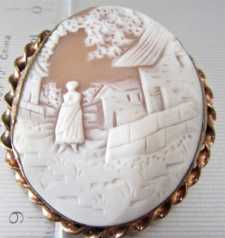 Huge hand carved landscape with the village woman. Rose Gold or GF “twisted rope” Brooch. Circa 1890.
