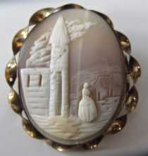 Edwardian shell landscape women at the village church. Gold filled “twisted rope” Brooch circa 1915.