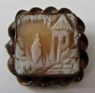 Victorian, circa 1880 shell scene with women at the tower Gold gilded twisted rope upper part of ring.