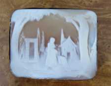 Rectangular shell landscape village woman at the trees. Gold or GF Brooch. Circa 1880.