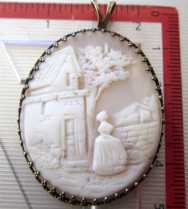Antique Victorian Cameo landscape - women at the village house. Gold filled (plated) pendant circa 1890.
