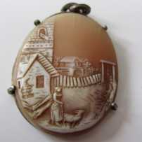 Unusual Edwardian (circa 1910) well 3D carved country scene . Detailed shell in Silver Sterling Vermeil (Gold is lost) Pendant.
