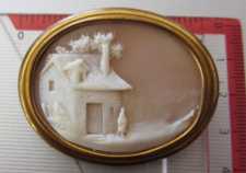 Museum Quality shell landscape village woman at the house. Gold or Gold plated brooch circa 1880.