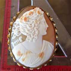 Goddess of Music Calliope -high quality 3 colors Carnelian shell Big Gold filled Brooch Cameo. Circa 1890