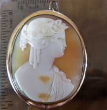 Victorian circa 1870 Antique Goddess Carnelian shell High quality Big Gold or Gold plated cameo brooch.