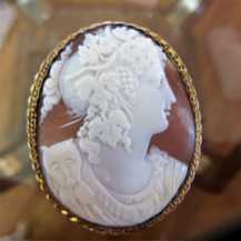 Museum quality circa 1870 Antique God of grape and wine Deionizes Carved big shell in Gold or Gold plated cameo brooch/pendant.