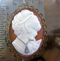 Remarkable carved carnelian shell with the little diamond cut Unmarked Gold filled filigree brooch/pendant