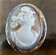 Antique profile - hand carved Sardonyx shell from 1905-1910 . Gold or Gold washed silver brooch.