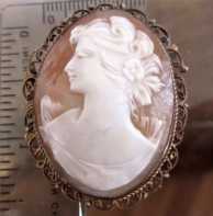 Remarkable carnelian shell portrait carved circa 1915 Unmarked Gold washed filigree brooch/pendant