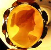 Late Victorian, superiorly hand carved Carnelian shell Unmarked Gold or GF Twisted rope brooch