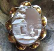 High Quality shell landscape village woman at the house. Large Gold or Gold plated twisted brooch circa 1890.