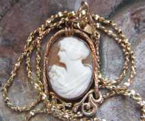 Art Nouveau hand carved shell in marked 10K Yellow Gold or Gold filled Lovelier circa 1930 with fine Italian GF chain.