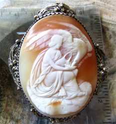 Hebe - Greek goddess of youth superiorly carved shell Huge quality Gold washed silver brooch.