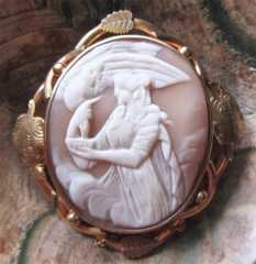 Hebe - Greek goddess - monumentally carved light shell Huge Gold plated/Pinchbeck with safety chain brooch.