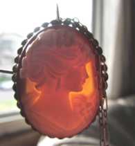 Modern signed by the Artist hand carved Carnelian shell Gold Filled Brooch/Pendant & Marked 12K GF 19” Chain