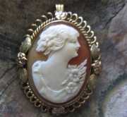 Classic hand carved girlish head - Carnelian shell circa 1915 Marked Gold filled filigree decorative brooch/pendant