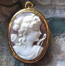 Diana goddess of Hunting & Purity- Edwardian circa 1915 Museum Quality shell in the Gold or Gold plated brooch/pendant