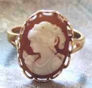 Well hand carved shell from 1940th - 1950th. Marked Gold plated ring. Ring size - 5.5