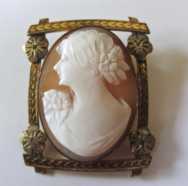 Stylish well carved shell - woman’s head circa 1915 Unique Gold filled rectangular brooch/pendant
