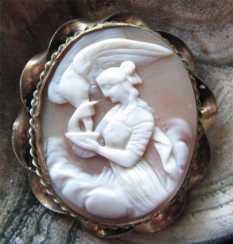 Hebe - Greek goddess - monumentally carved light shell Big Twisted bezel Gold filled brooch.