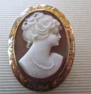 Well carved Sardonyx shell - Detailed woman’s head Marked Gold filled brooch