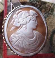 Priestess Bacchante - Early Victorian shell circa 1865 Real Huge Twisted Gold filled brooch.