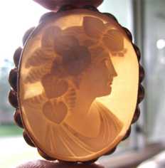 Finely carved Bacchante - Victorian Sardonyx deep relief shell Quality Gold filled brooch (broken pin attached). Circa 1885