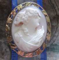 Well hand carved Angel Skin Coral - circa 1895 Ceres Goddess Marked (hard to read) filigree Gold/Gold filled(?) brooch