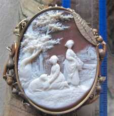 Museum Quality amazingly detailed landscape women & sheep. Big Filigree fruity motif Gold/ GF Pendant. Circa 1870.