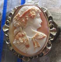 Bacchante - Museum Quality Victorian 3 colors carving shell Huge (2.5”) in the Gold Plated Brooch/Pendant