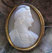 Quality shell portrait of young Jew with religious accessories Early Victorian Gold plated brooch circa 1825-1855.