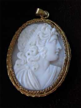 Old Shell Cameo portrait of Alexander the Great Pendant of circa 1840. Gold or GF bezel from later period.