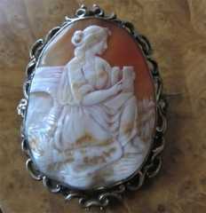 Woman at the bridge near church -masterly carved Victorian shell Huge High quality Pinchbeck brooch/pendant circa 1875