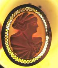Victorian/Edwardian Vintage Coral cameo circa 1890-1910th Filigree Yellow Gold plated Brooch