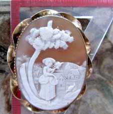 Victorian Antique landscape scene of Woman with the bird Large Gold Filled “twisted rope” brooch. Circa 1875.