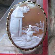 Antique Quality scene of Woman at the house Victorian Gold Filled Brooch. Circa 1890.