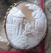 Landscape town scene of woman on the bridge huge carved shell Victorian Gold Filled “twisted rope” brooch. Circa 1875.