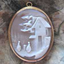 Quality scene of two women at the village house landscape Victorian Gold/Gold Filled Brooch/Pendant. Circa 1880.