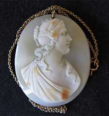 Neoclassic Antique carved in 1810th shell Modern marked 18” 12K GF chain