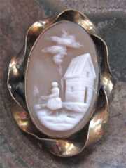 Circa 1880 Victorian carved shell - scene of women at the house Gold filled “twisted rope” bezel pendant/ring top.